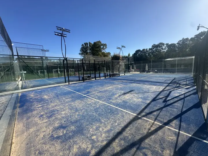Cancha de pádel con la red y los árboles al fondo